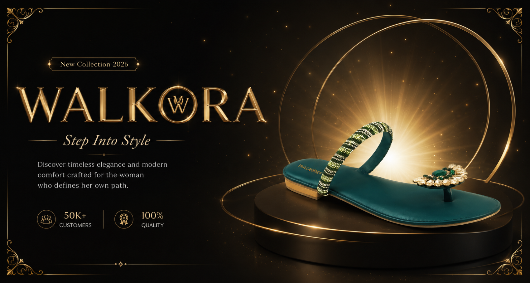 Promotional image of a blue sandal with green accents on a dark background, featuring the brand 'WALKORA'.